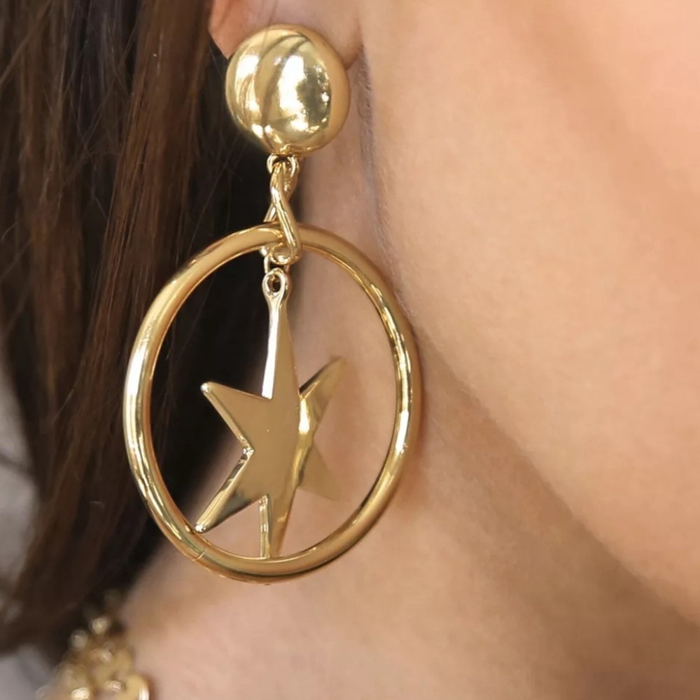 Ettika 18K Gold Plated Large Disc Hoop & Star Dangle Pierced Statement Earrings